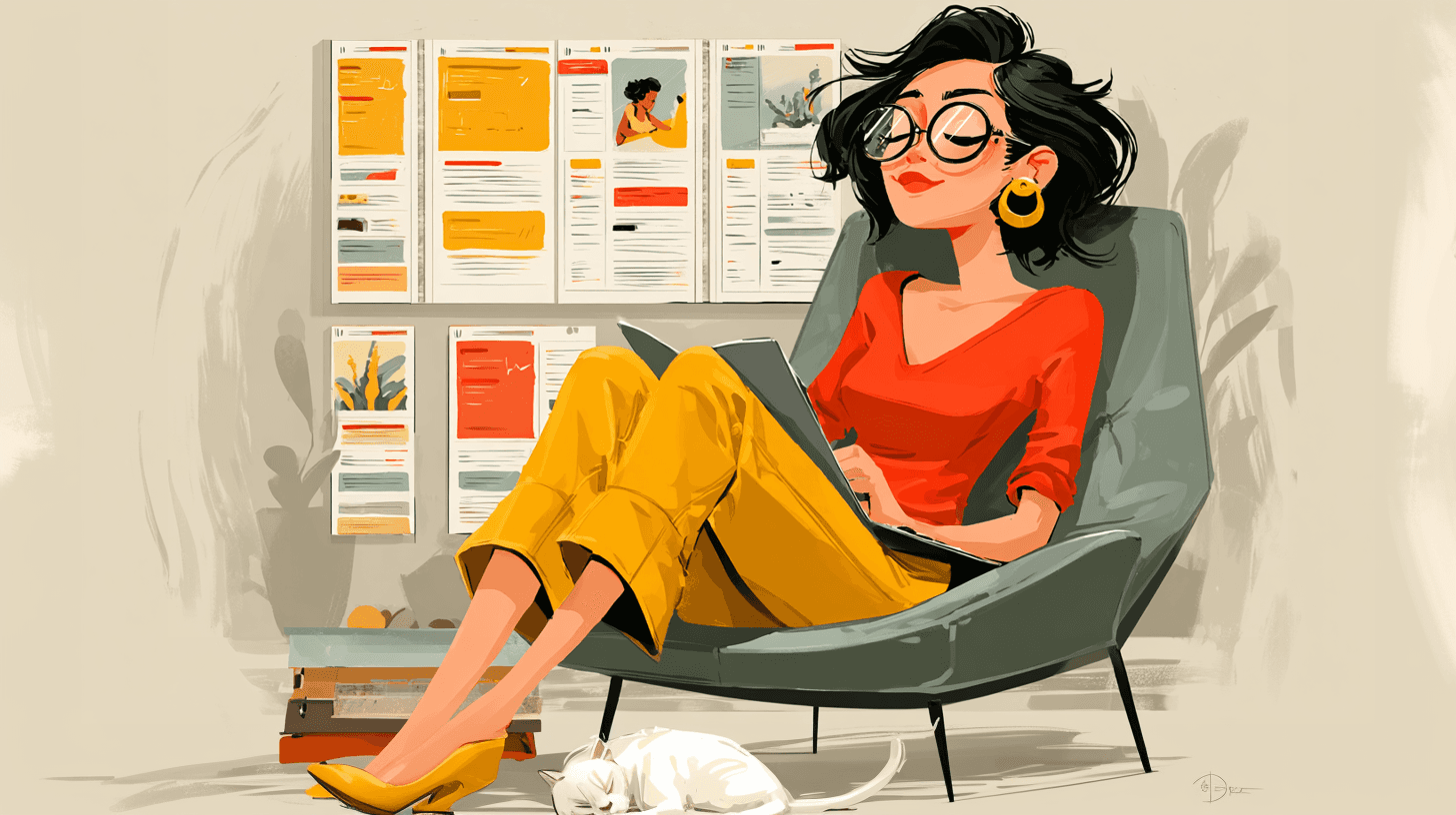 Illustration in the Latitude style: someone reading country files in an armchair, a white cat asleep at their feet, pinned research sheets on the wall